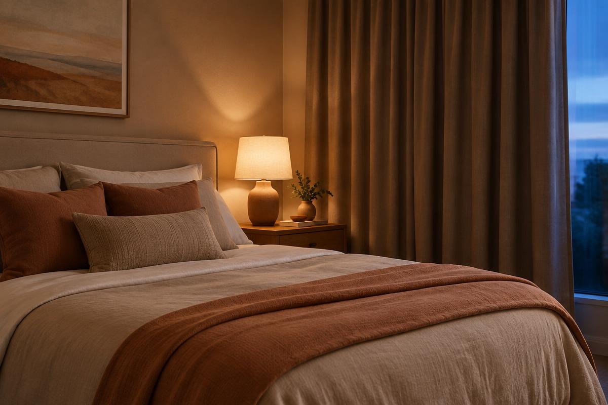 A calm, tidy bedroom at dusk lit by a warm bedside lamp