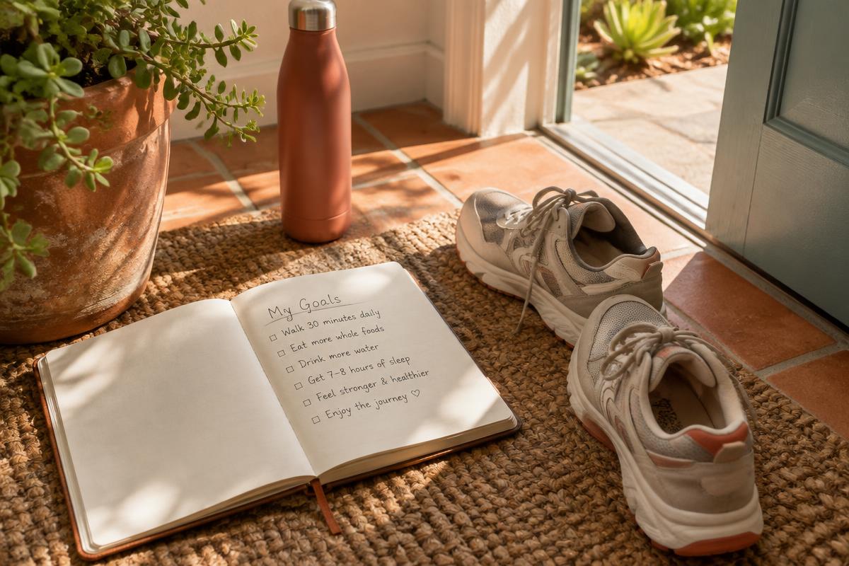 An open journal of health goals beside walking shoes in warm sunlight